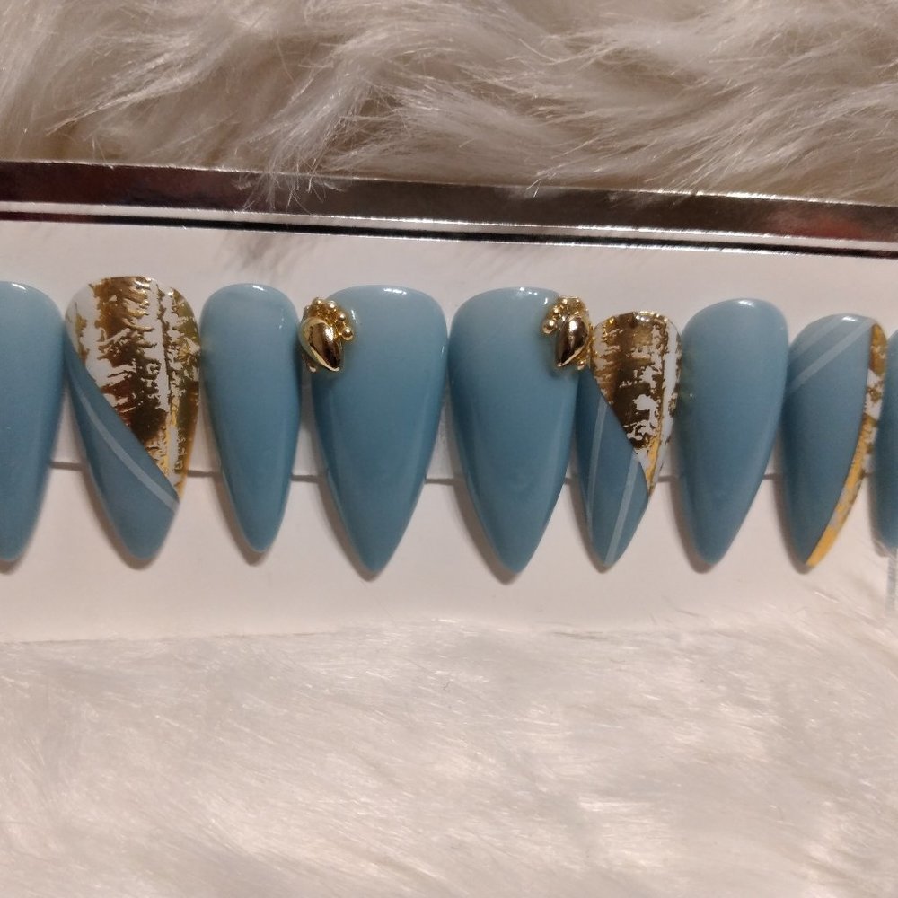 Gold and white marble seafoam green/blue press on nails pPN85